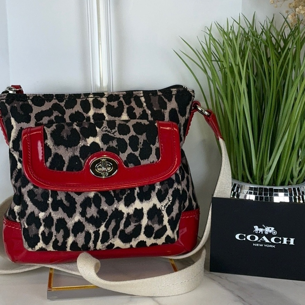 Coach Park Ocelot Leopard Black Red Animal Print Swingpack Crossbody‎ Bag Patent